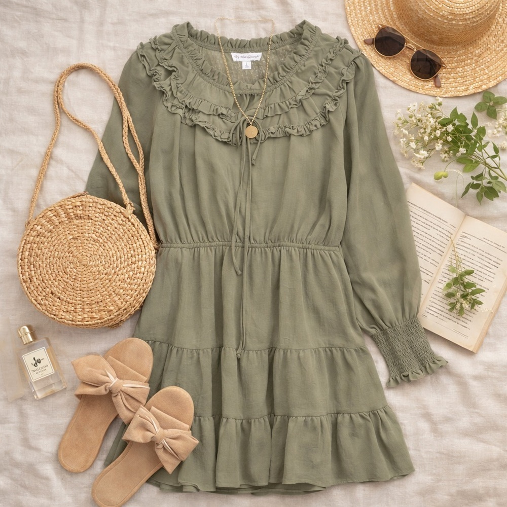 By the River Dress | Olive Green Ruffle Tiered Boho Mini Dress | Long Sleeve | L